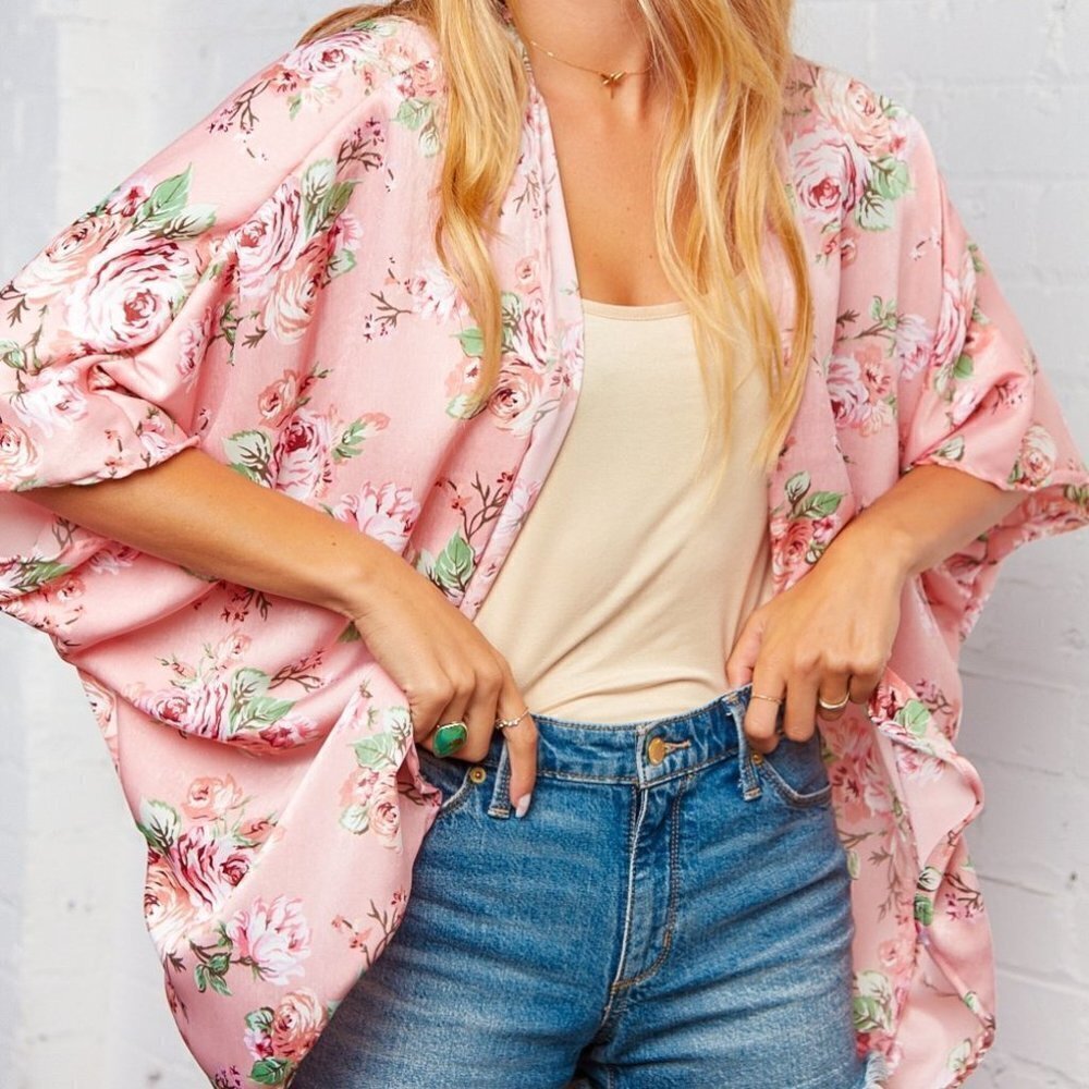 Haptics Small Pink Satin Floral Oversized Kimono